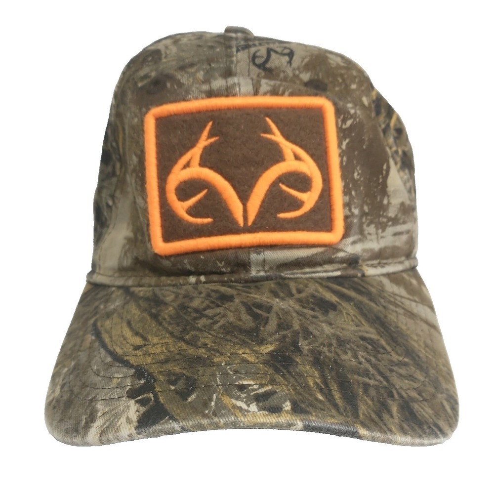 Realtree Camo Stretch Fit Hat Mens SM Brown Orange Antler Logo Baseball Cap